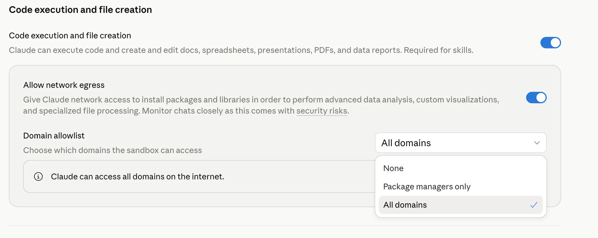 Domain allowlist dropdown showing None, Package managers only, and All domains options