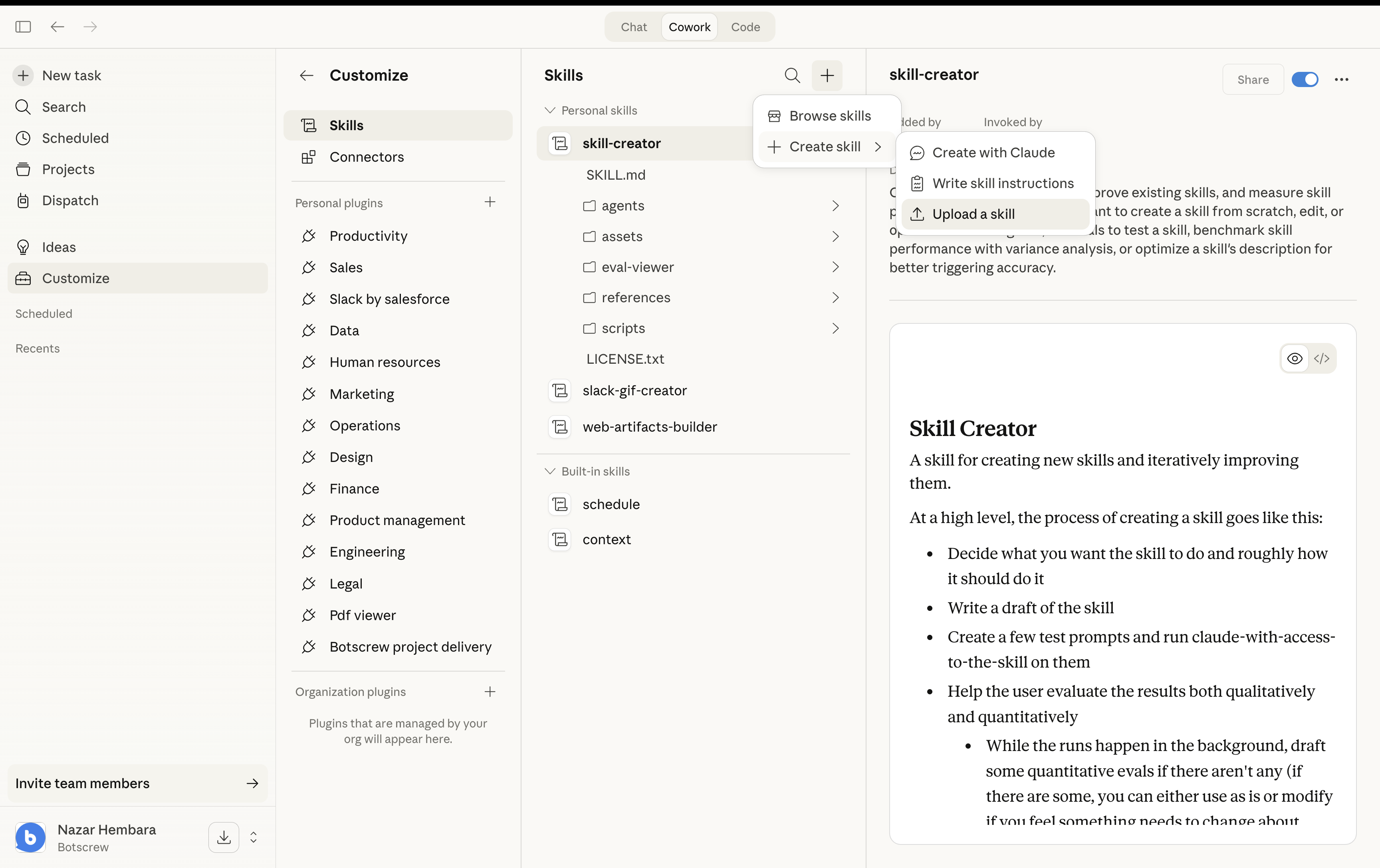 Customize > Skills > Create skill menu